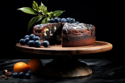Dark chocolate blueberry cake on a wooden stand